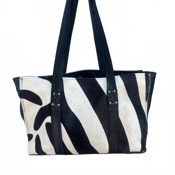 CIMMARON Zebra Black and White Haircalf Leather Large Tote Shoulder Bag - Picture 3 of 9